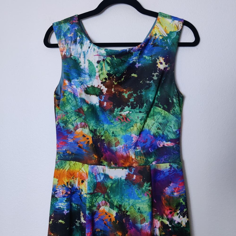 Betsey Johnson Colorful Watercolor Fit & Flare Sleeveless Artsy Midi Dress 6 - Picture 3 of 12